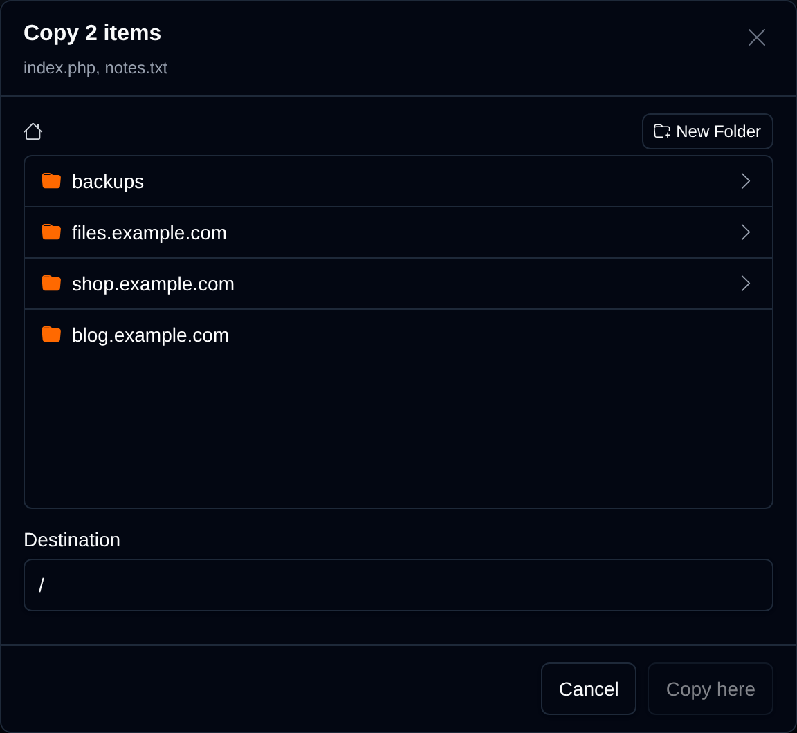 Copy dialog for two selected files with a folder browser, the destination path and the Copy here button