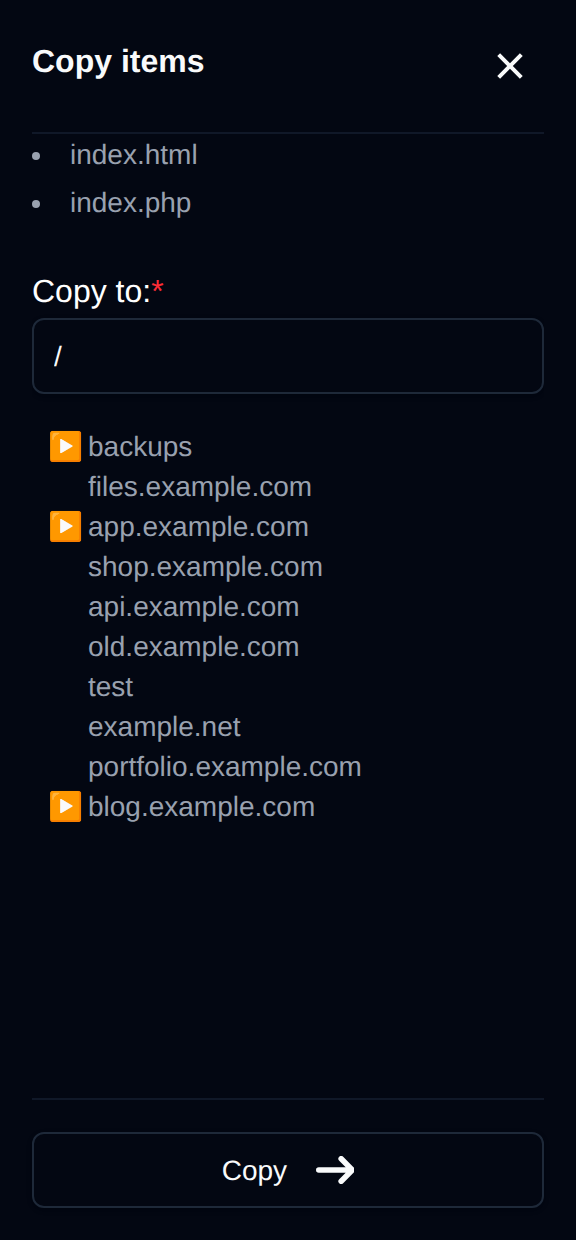 Copy drawer listing the selected files with the destination folder picker and the Copy button
