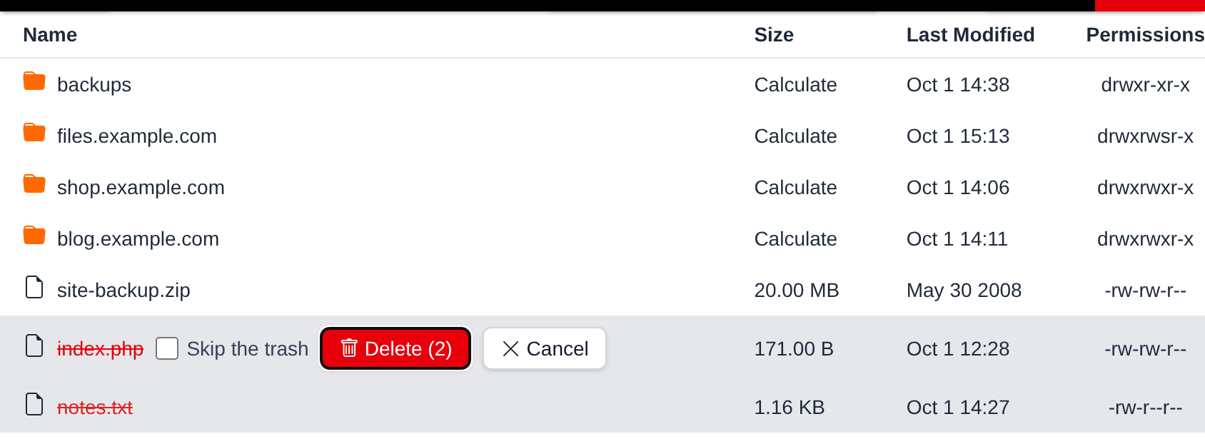 Two selected files crossed out in the table, the first with the Skip the trash option and the Delete and Cancel buttons