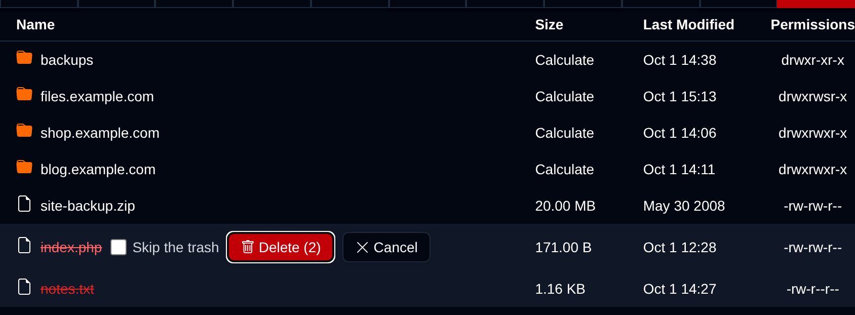 Two selected files crossed out in the table, the first with the Skip the trash option and the Delete and Cancel buttons