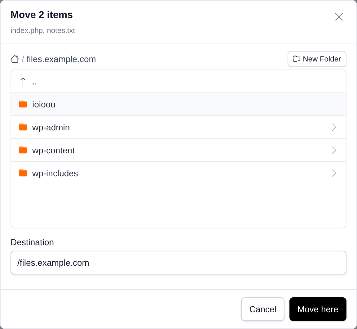 Move dialog opened inside a website folder, with the breadcrumb, its subfolders, the destination path and the Move here button