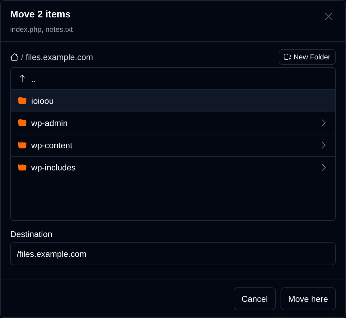 Move dialog opened inside a website folder, with the breadcrumb, its subfolders, the destination path and the Move here button