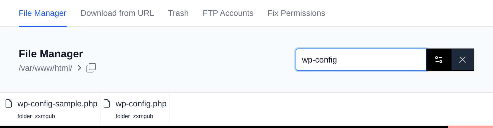 File Manager search box opened from its magnifying glass icon, with results for wp-config