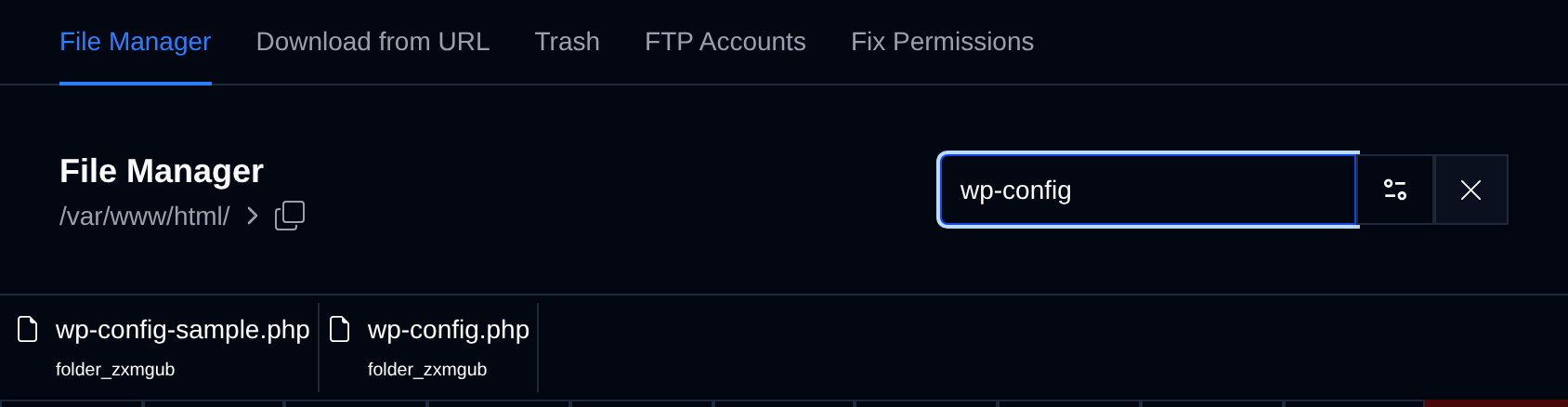 File Manager search box opened from its magnifying glass icon, with results for wp-config