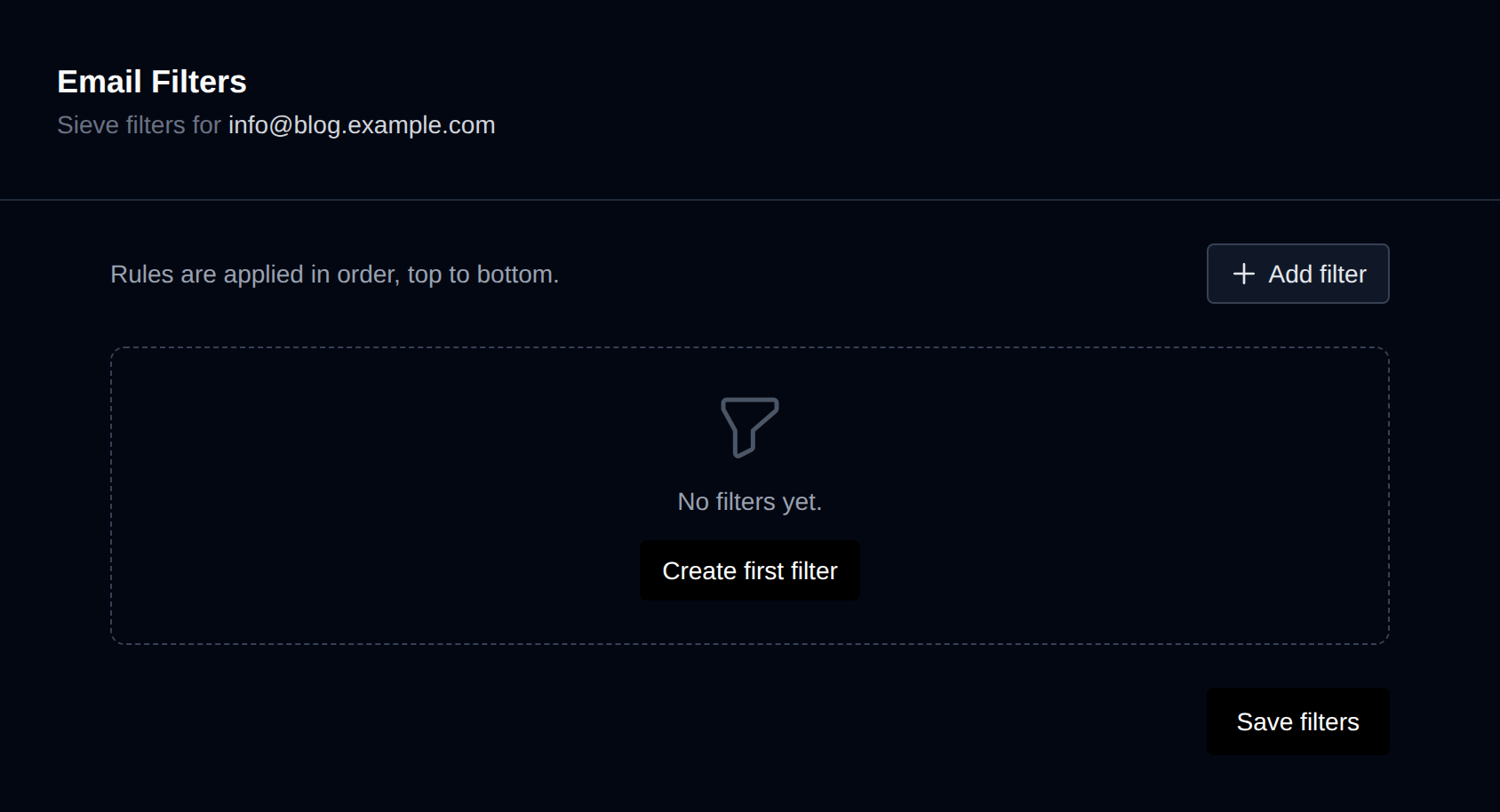 Email Filters page with no filters yet and the Create first filter button