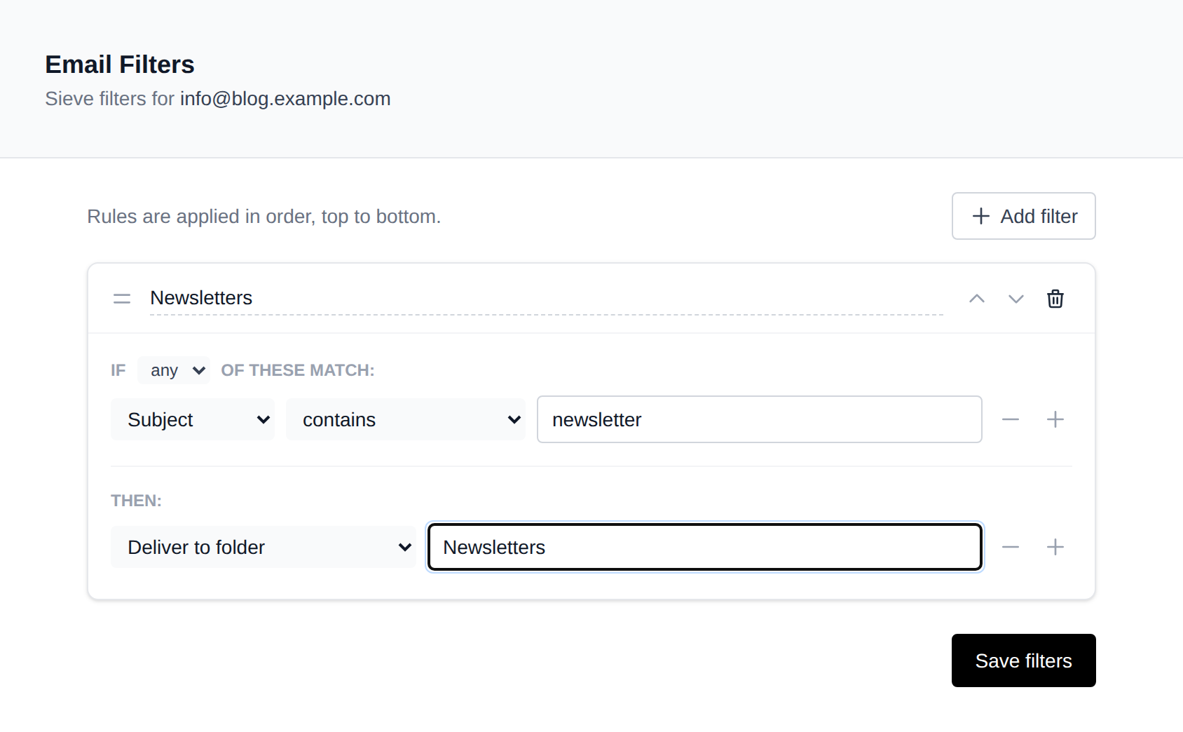 An email filter that moves messages whose subject contains newsletter into the Newsletters folder