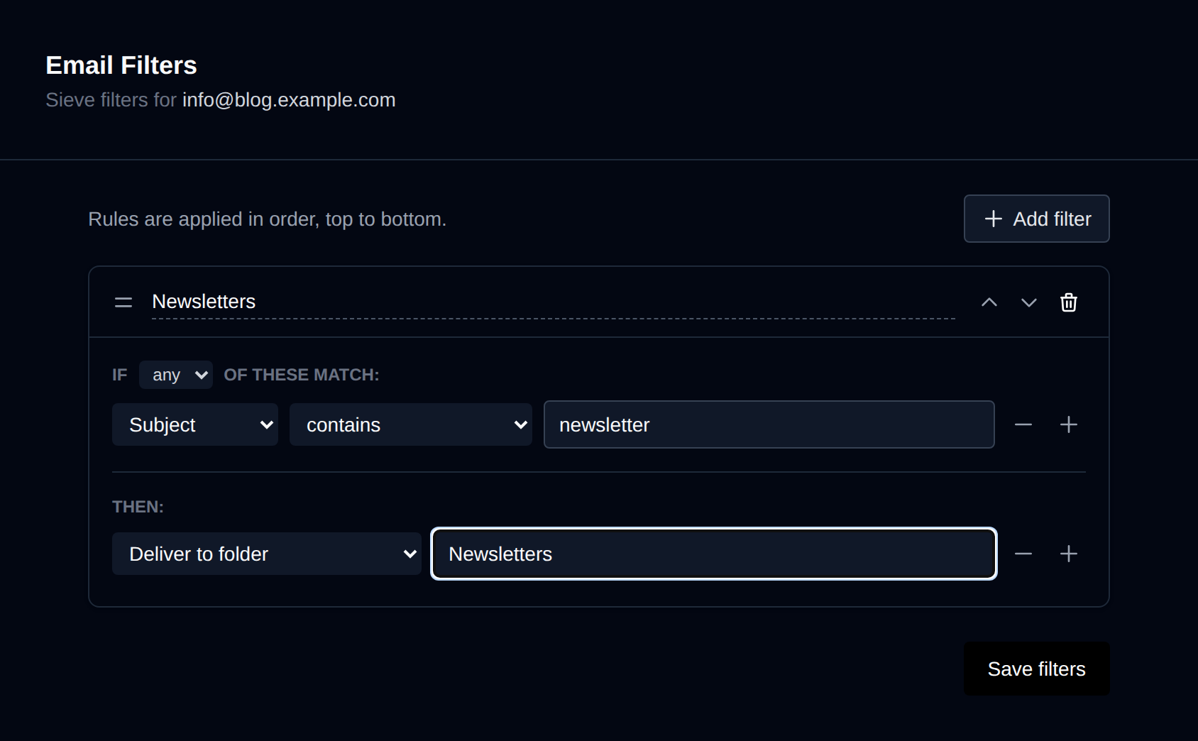 An email filter that moves messages whose subject contains newsletter into the Newsletters folder