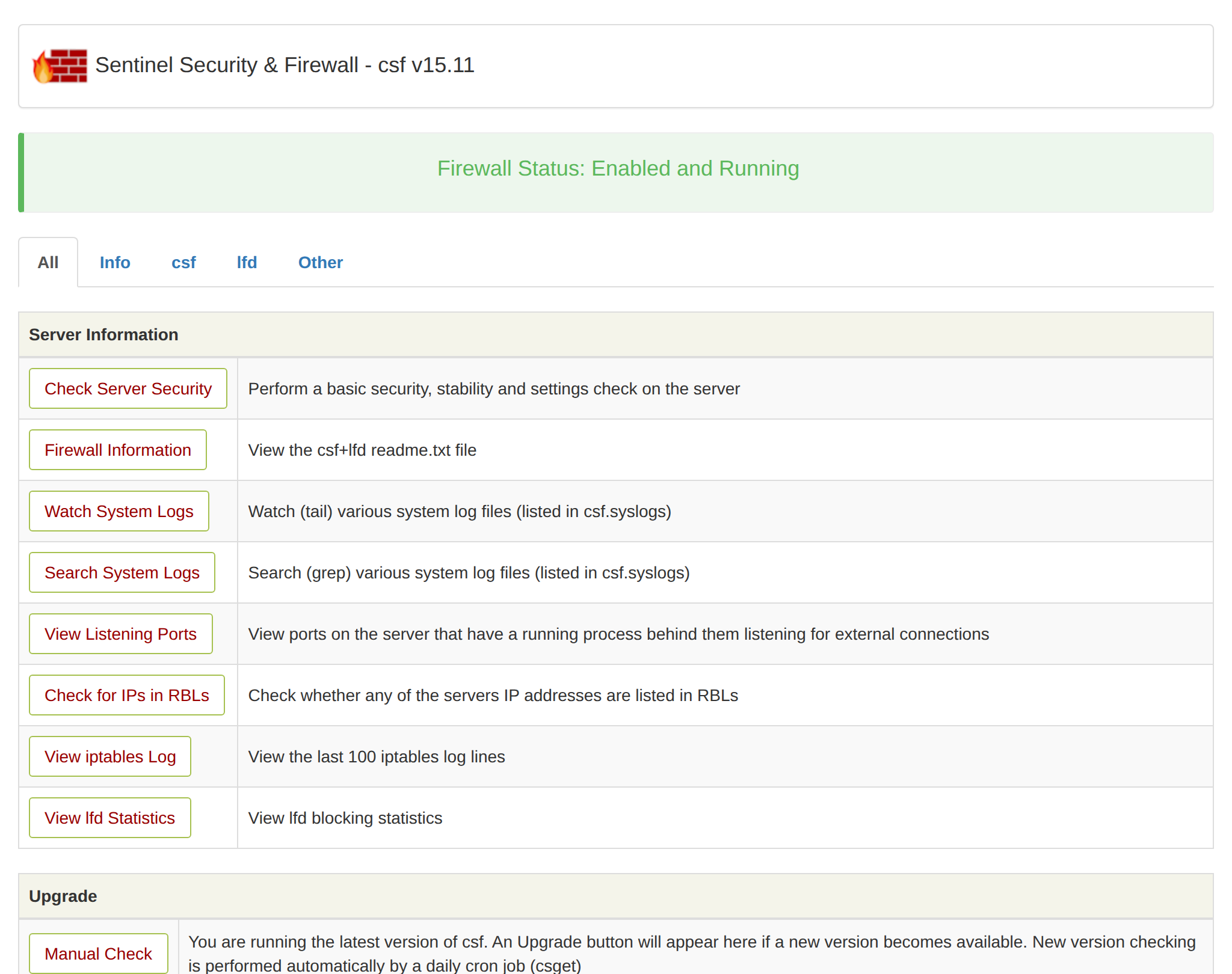 Sentinel Security and Firewall (CSF) page with the firewall status and server information actions