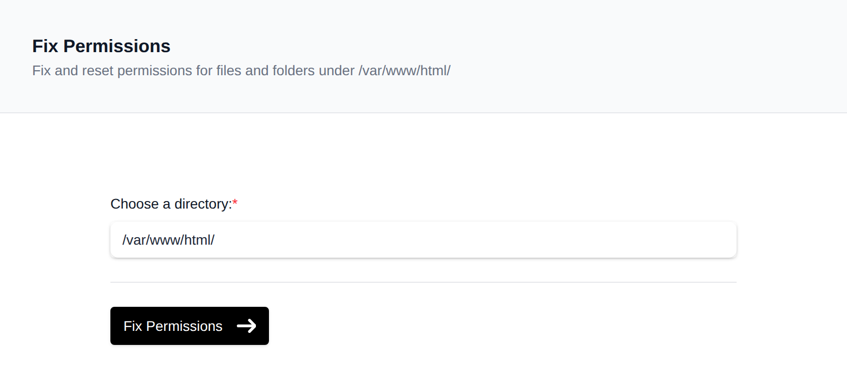 Fix Permissions page with the directory field and the Fix Permissions button