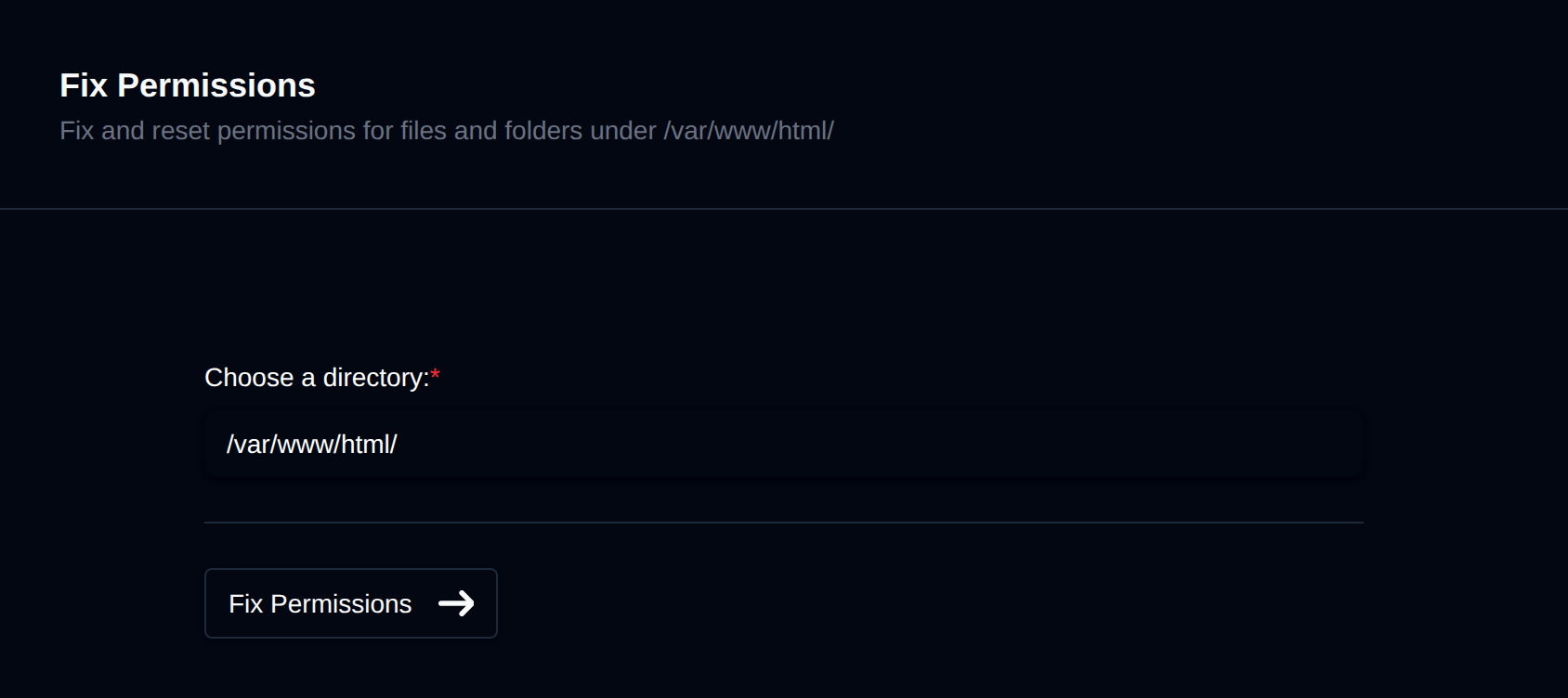 Fix Permissions page with the directory field and the Fix Permissions button