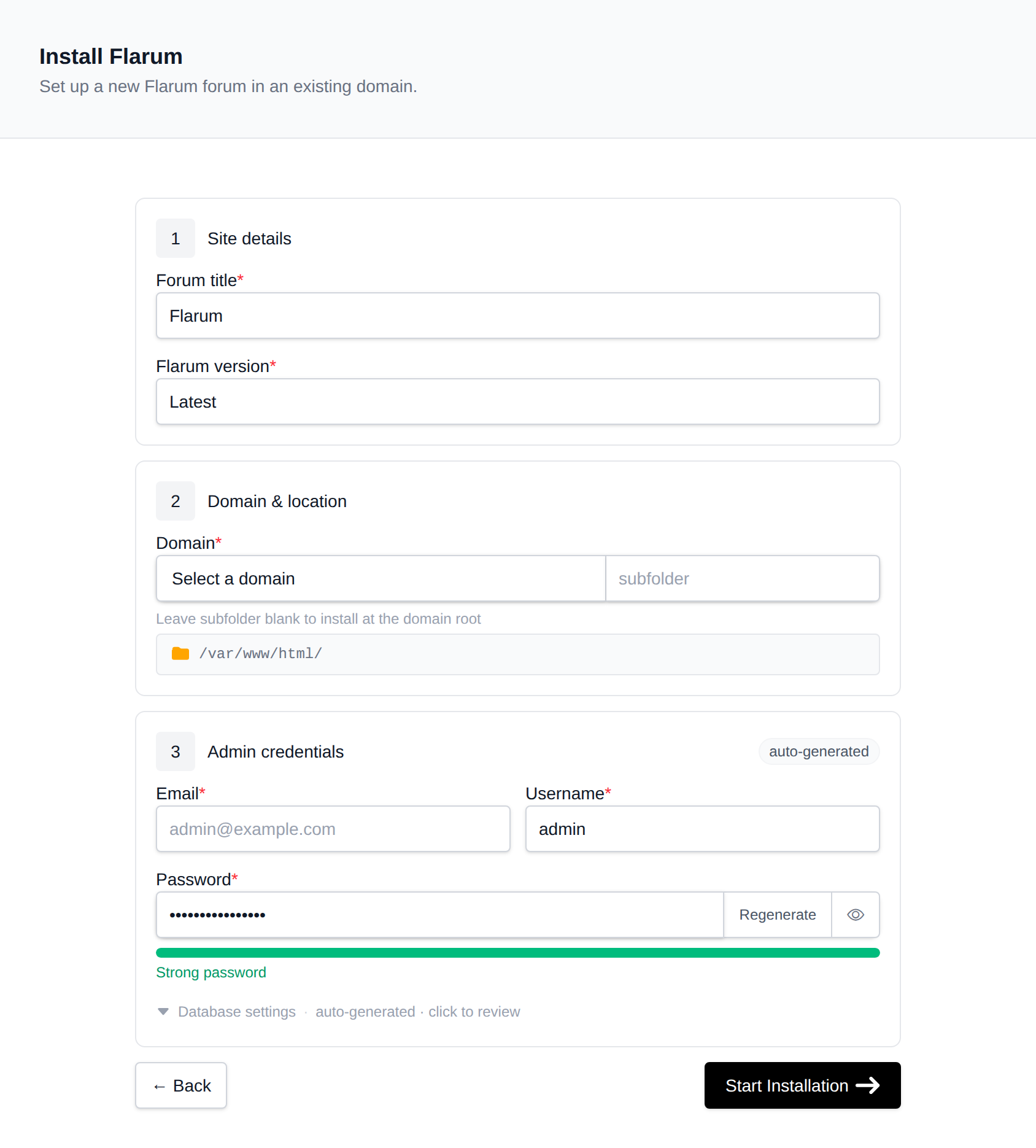 Install Flarum form with the site details, domain and location, and admin credentials