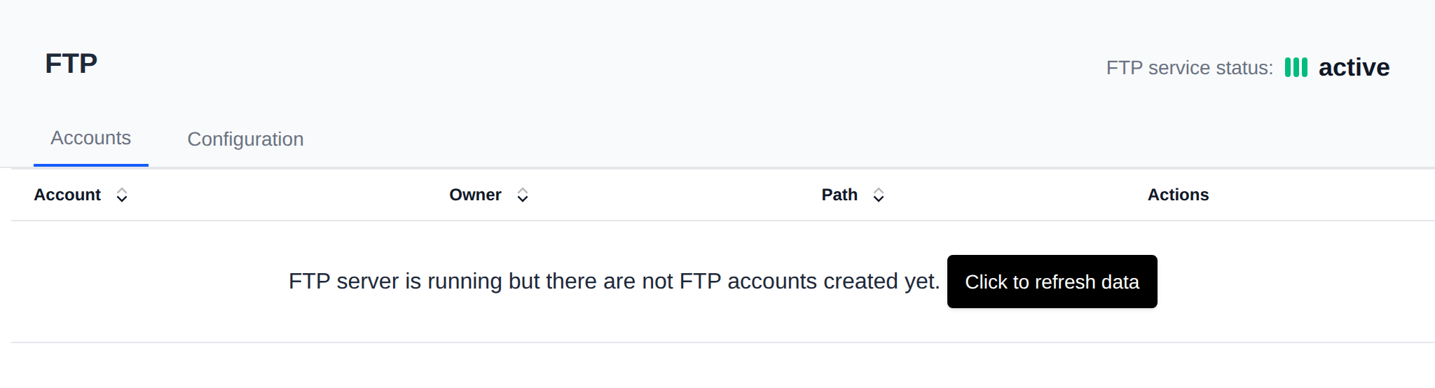 FTP page on the Accounts tab with the FTP service status and the table of FTP accounts