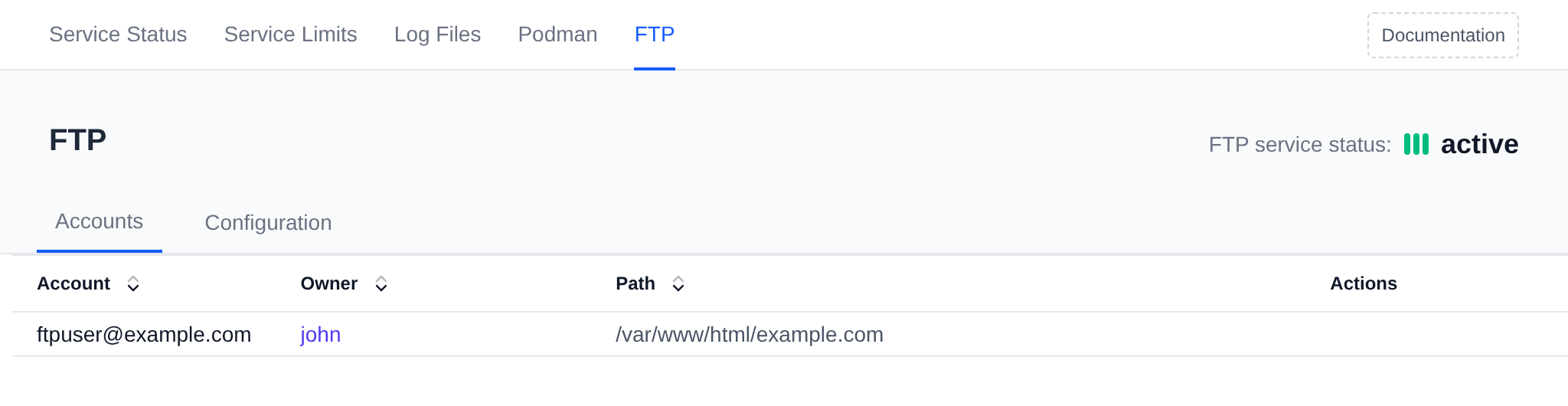 FTP page on the Accounts tab with the FTP service status and the table of FTP accounts with their owner