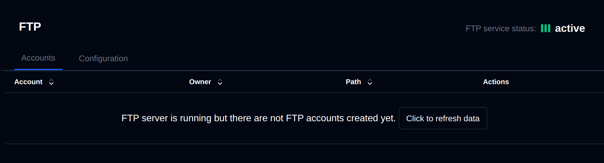 FTP page on the Accounts tab with the FTP service status and the table of FTP accounts