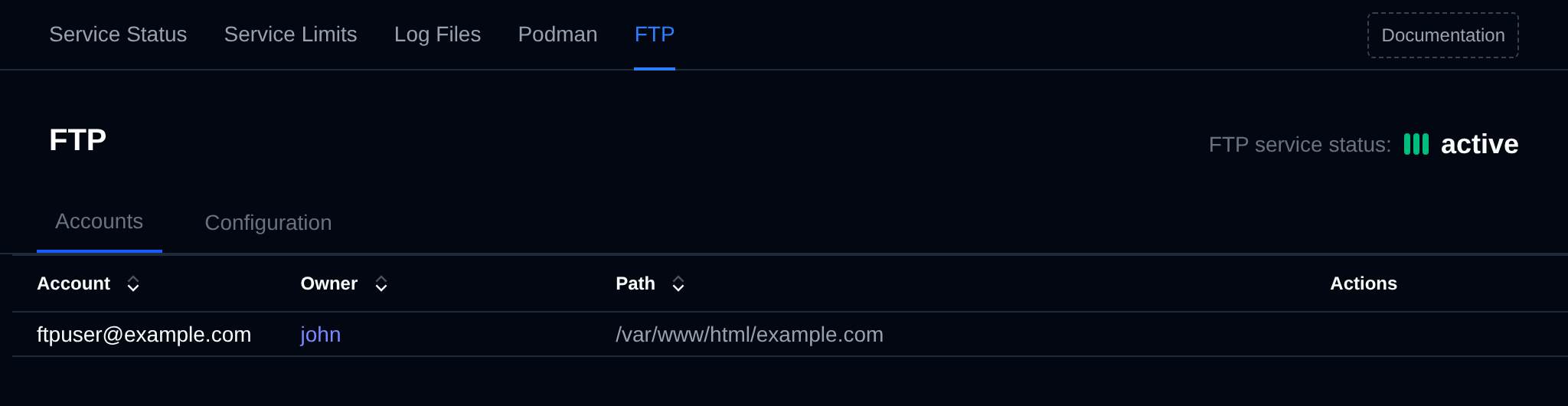 FTP page on the Accounts tab with the FTP service status and the table of FTP accounts with their owner