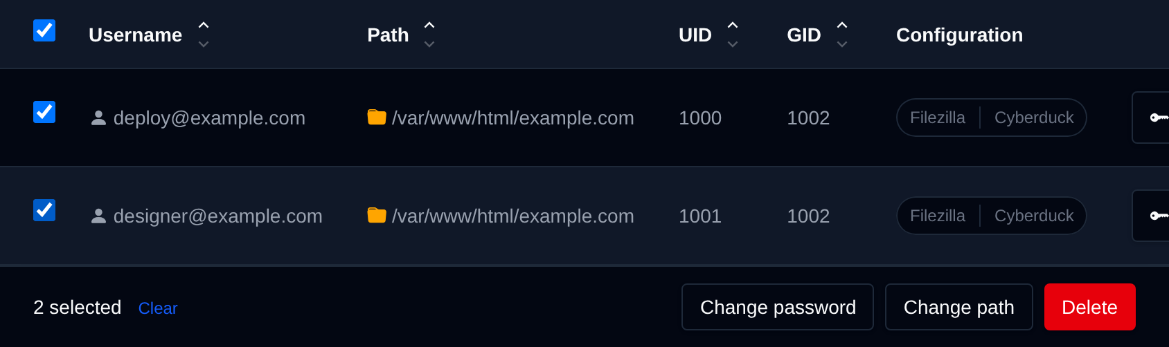 Two FTP accounts selected with the bulk actions bar offering Change password, Change path and Delete
