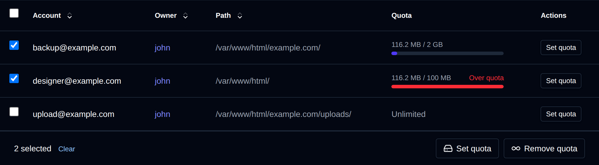 Two FTP accounts selected with the bulk actions bar offering Set quota and Remove quota