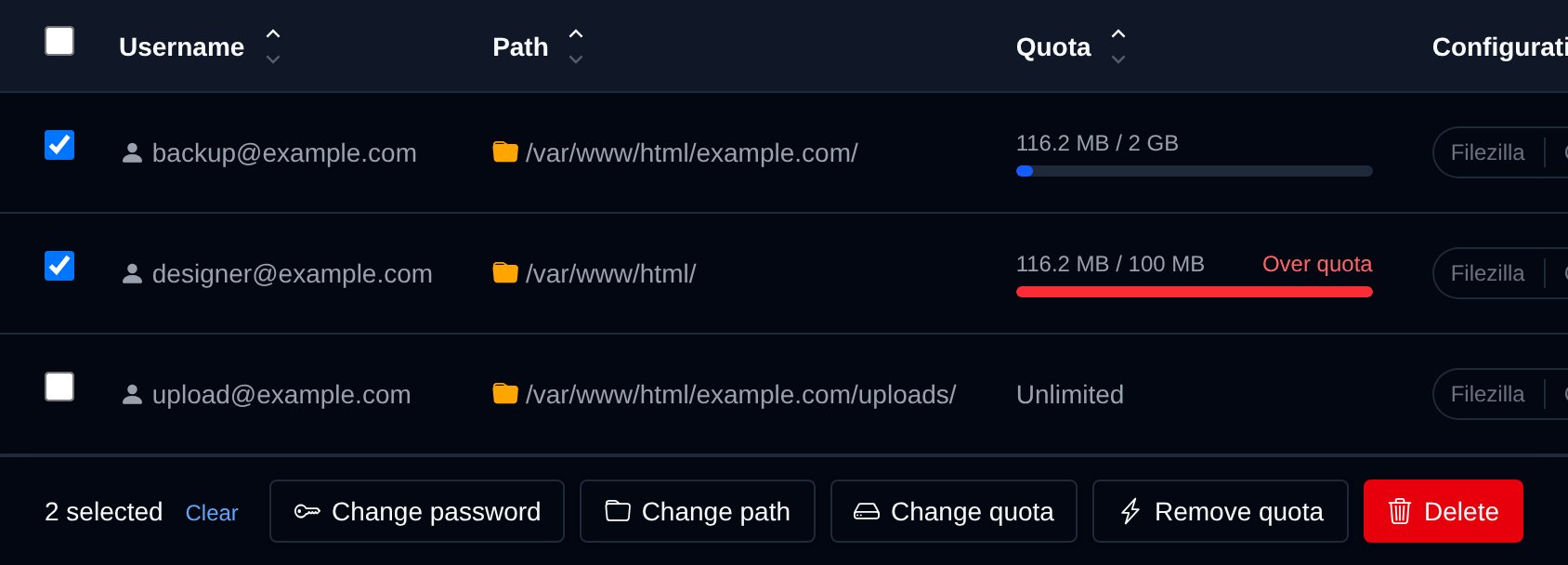Two FTP accounts selected with the bulk actions bar offering Change password, Change path, Change quota, Remove quota and Delete
