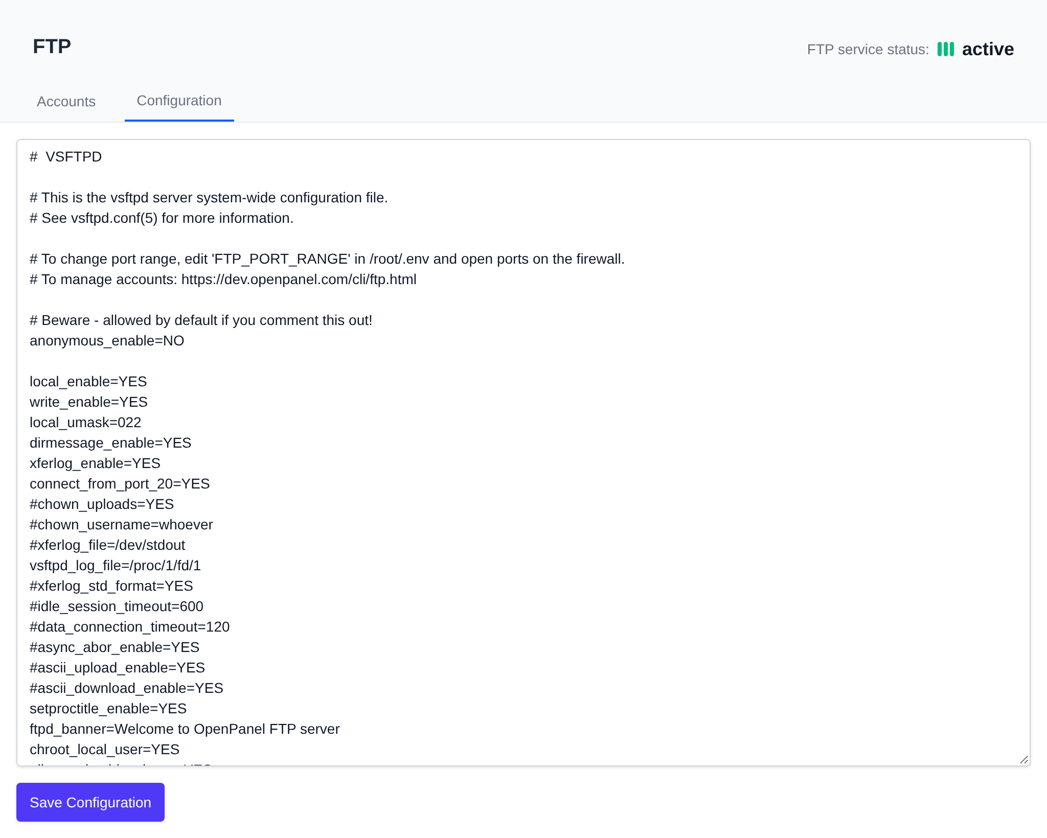 FTP Configuration tab with the FTP server settings