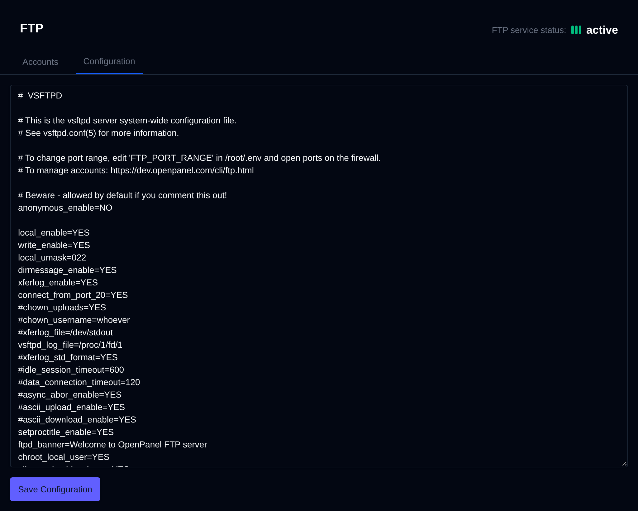 FTP Configuration tab with the FTP server settings