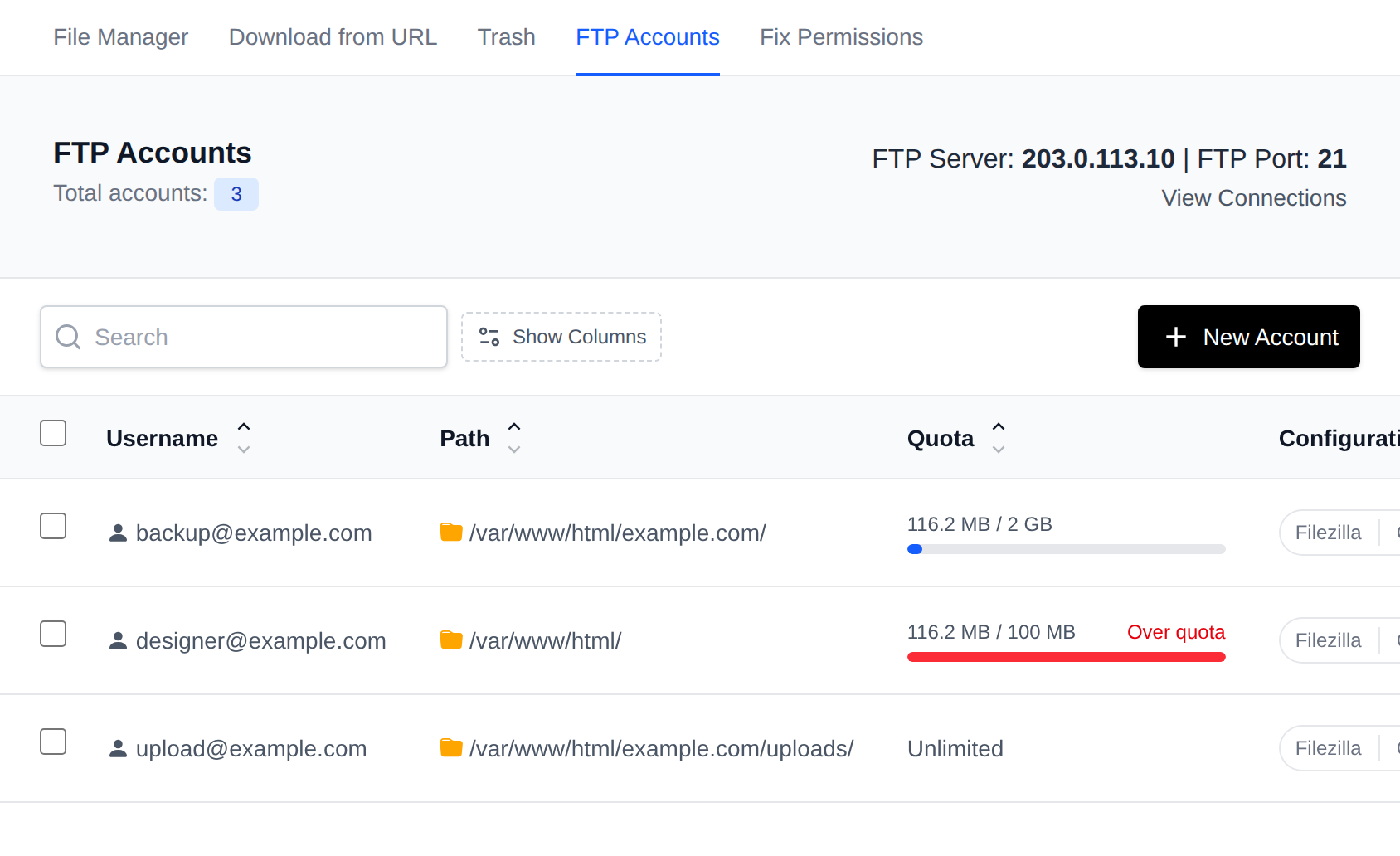 FTP Accounts page with the FTP server and port, and a table of accounts with their path, quota and configuration downloads