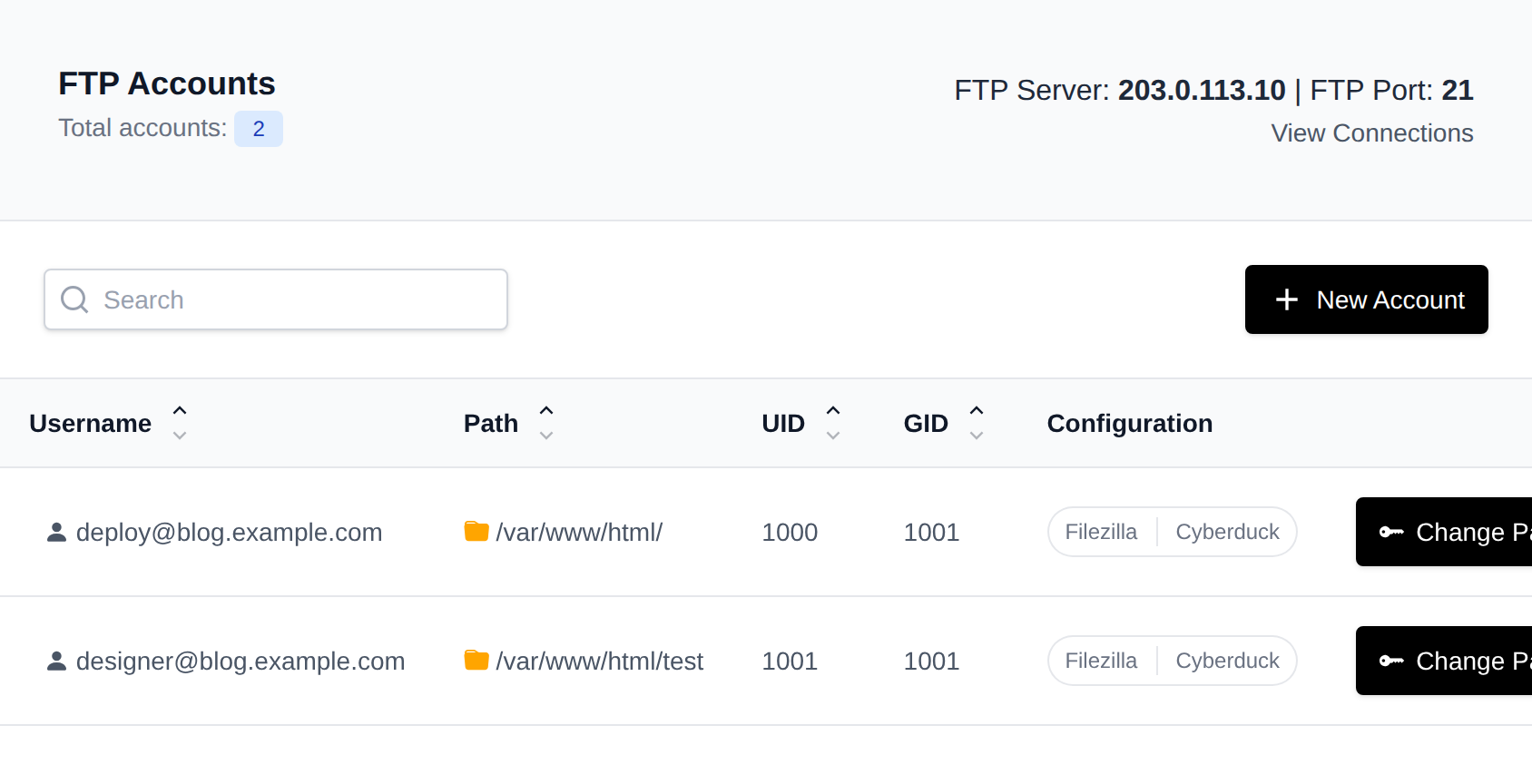 FTP Accounts page with the FTP server and port, and a table of accounts with their path and configuration downloads