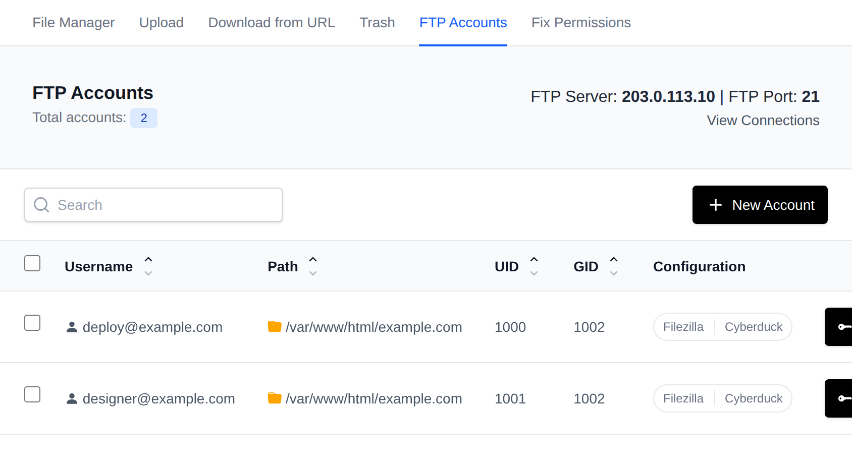 FTP Accounts page with the FTP server and port, and a table of accounts with their path and configuration downloads