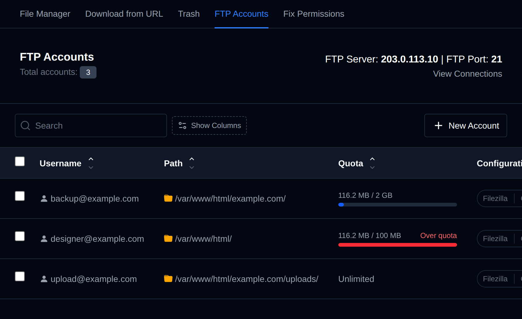 FTP Accounts page with the FTP server and port, and a table of accounts with their path, quota and configuration downloads