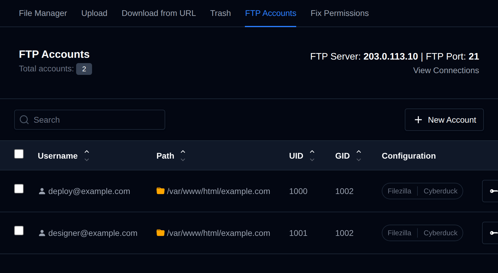 FTP Accounts page with the FTP server and port, and a table of accounts with their path and configuration downloads