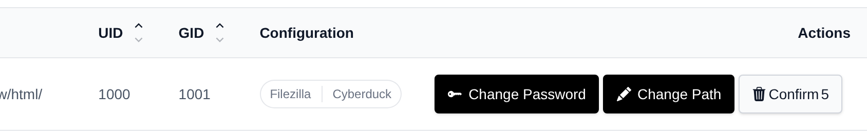 Delete button of an FTP account turned into a Confirm button with a countdown after the first click