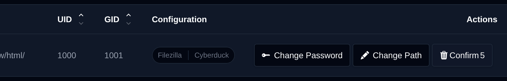 Delete button of an FTP account turned into a Confirm button with a countdown after the first click