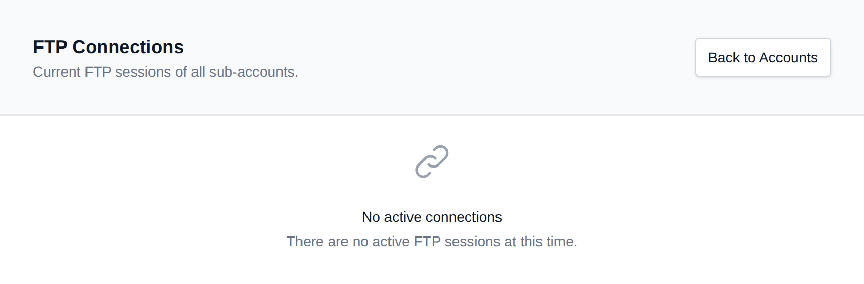 FTP Connections page listing current FTP sessions
