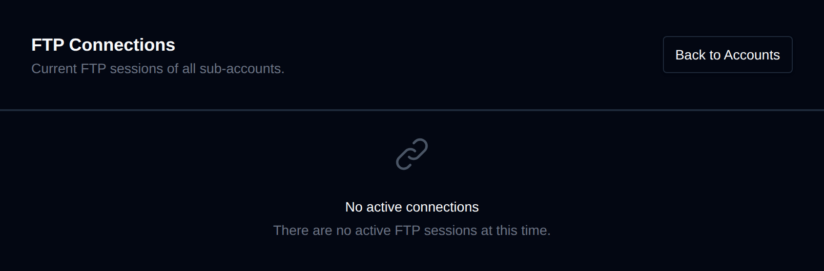 FTP Connections page listing current FTP sessions