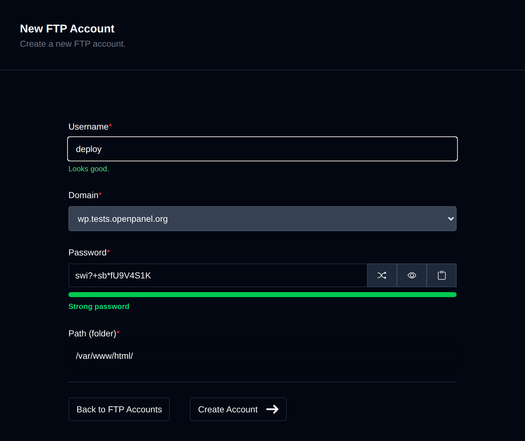 New FTP Account form with the username, domain, password and path fields