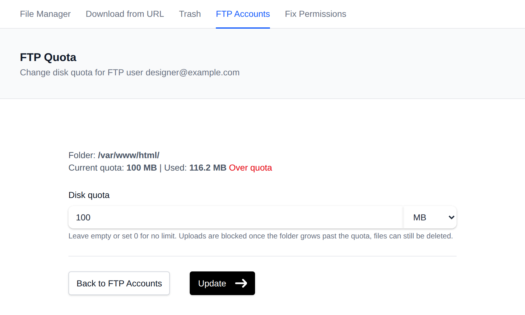 Change FTP quota form with the current quota and usage, and the quota field with a MB/GB unit
