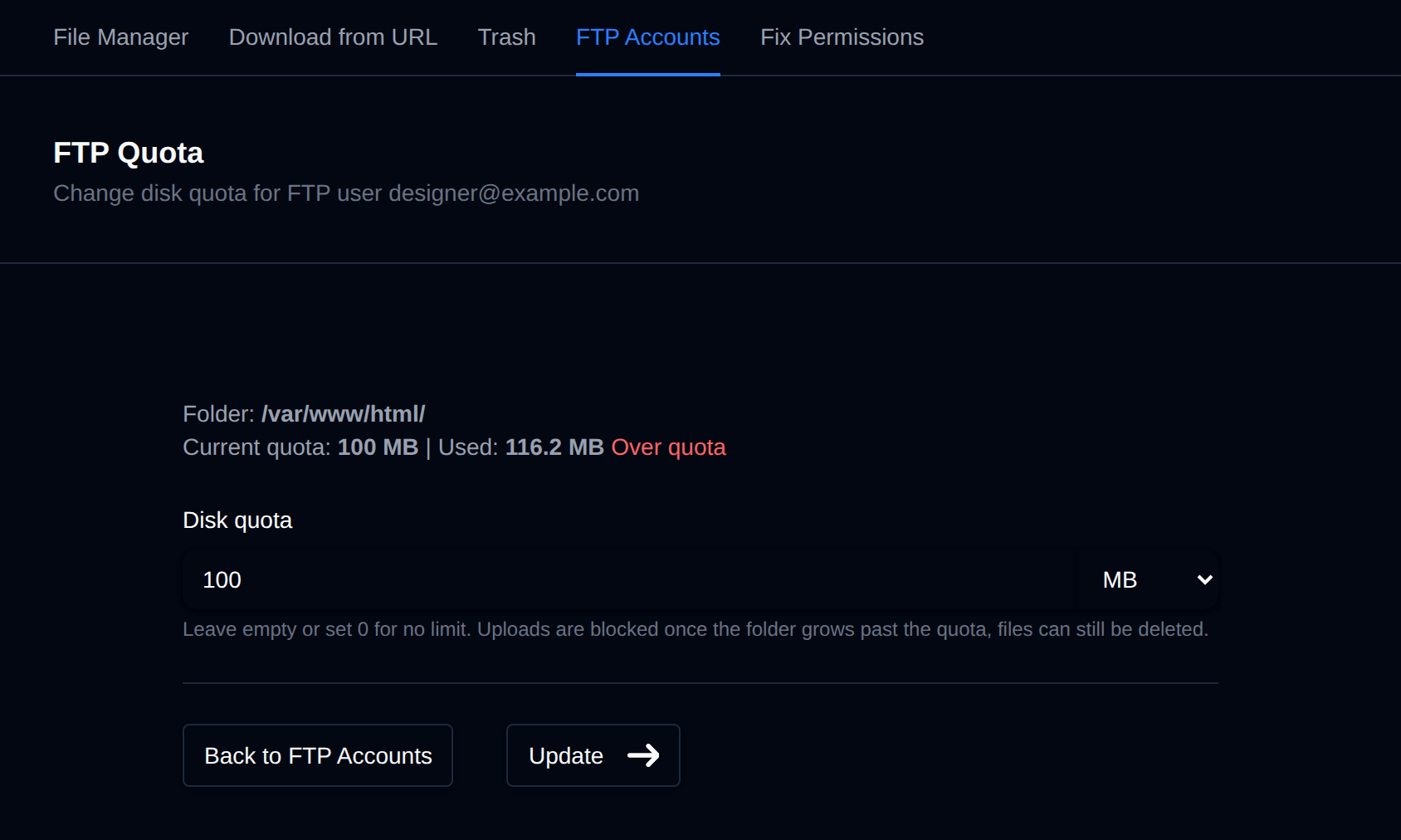 Change FTP quota form with the current quota and usage, and the quota field with a MB/GB unit