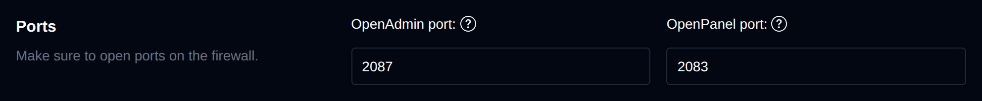Ports section of General Settings with the OpenAdmin and OpenPanel ports