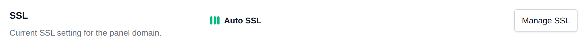 SSL section of General Settings with the current SSL status and the Manage SSL button