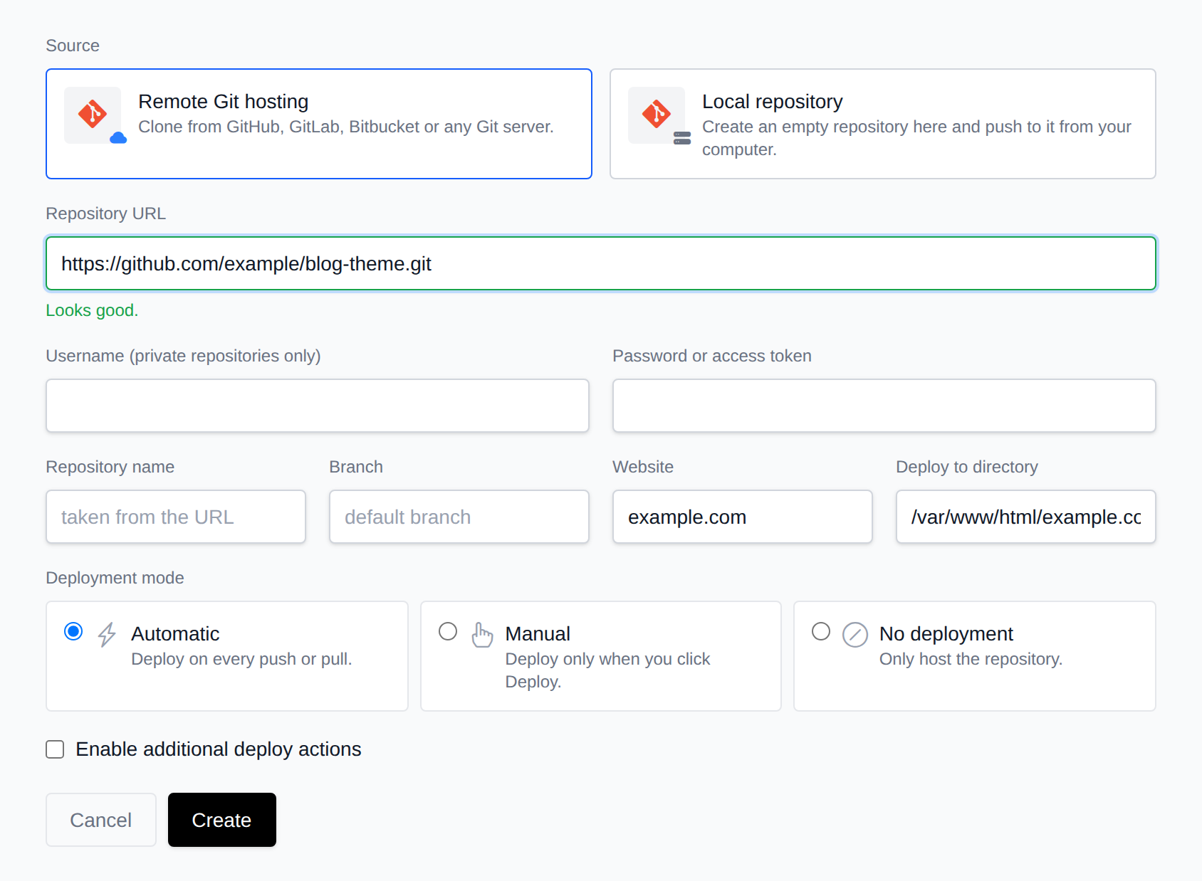 Add Repository form with the remote and local source options, repository URL, name, branch, website, deploy directory, deployment mode and deploy actions