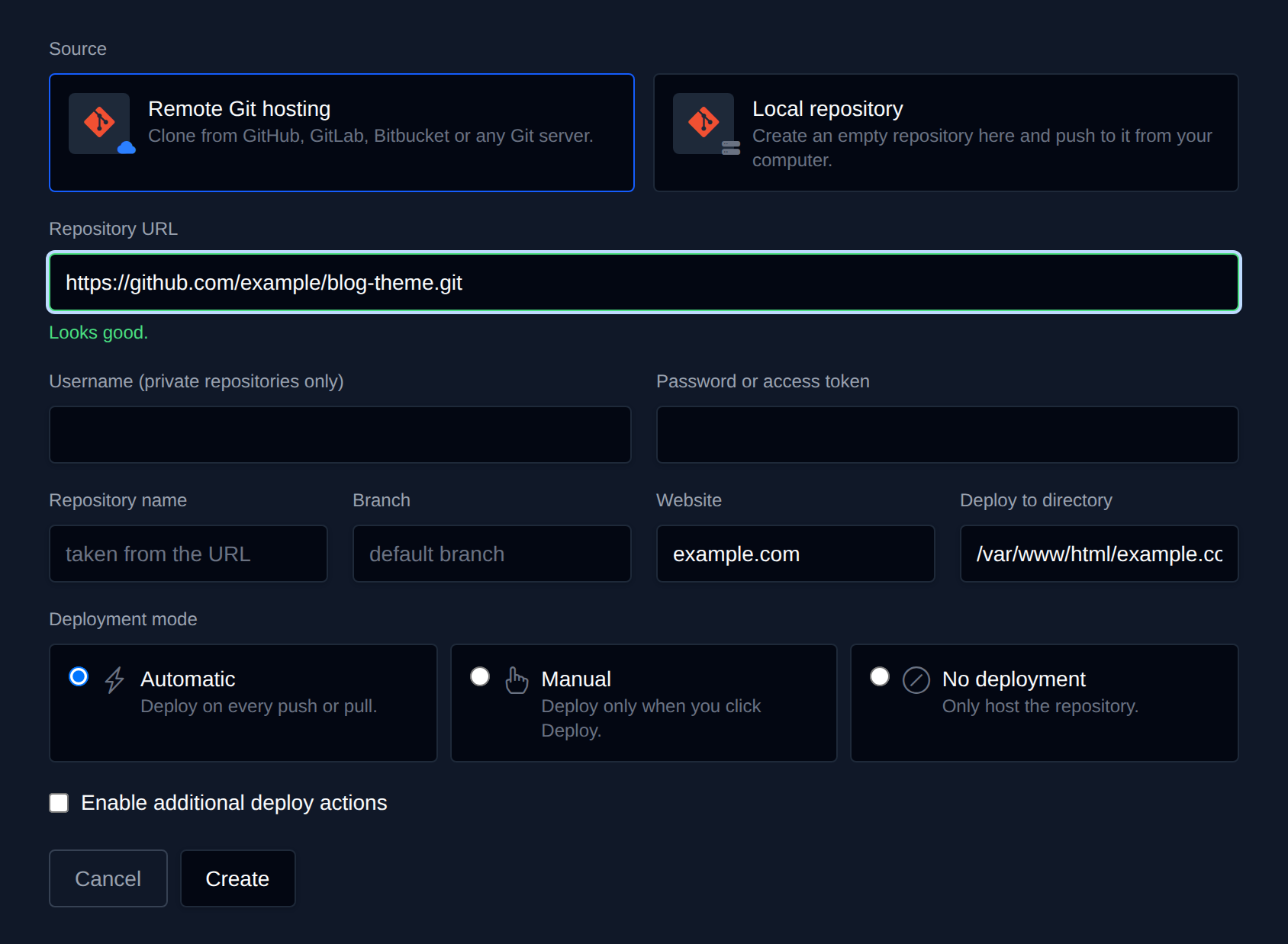 Add Repository form with the remote and local source options, repository URL, name, branch, website, deploy directory, deployment mode and deploy actions