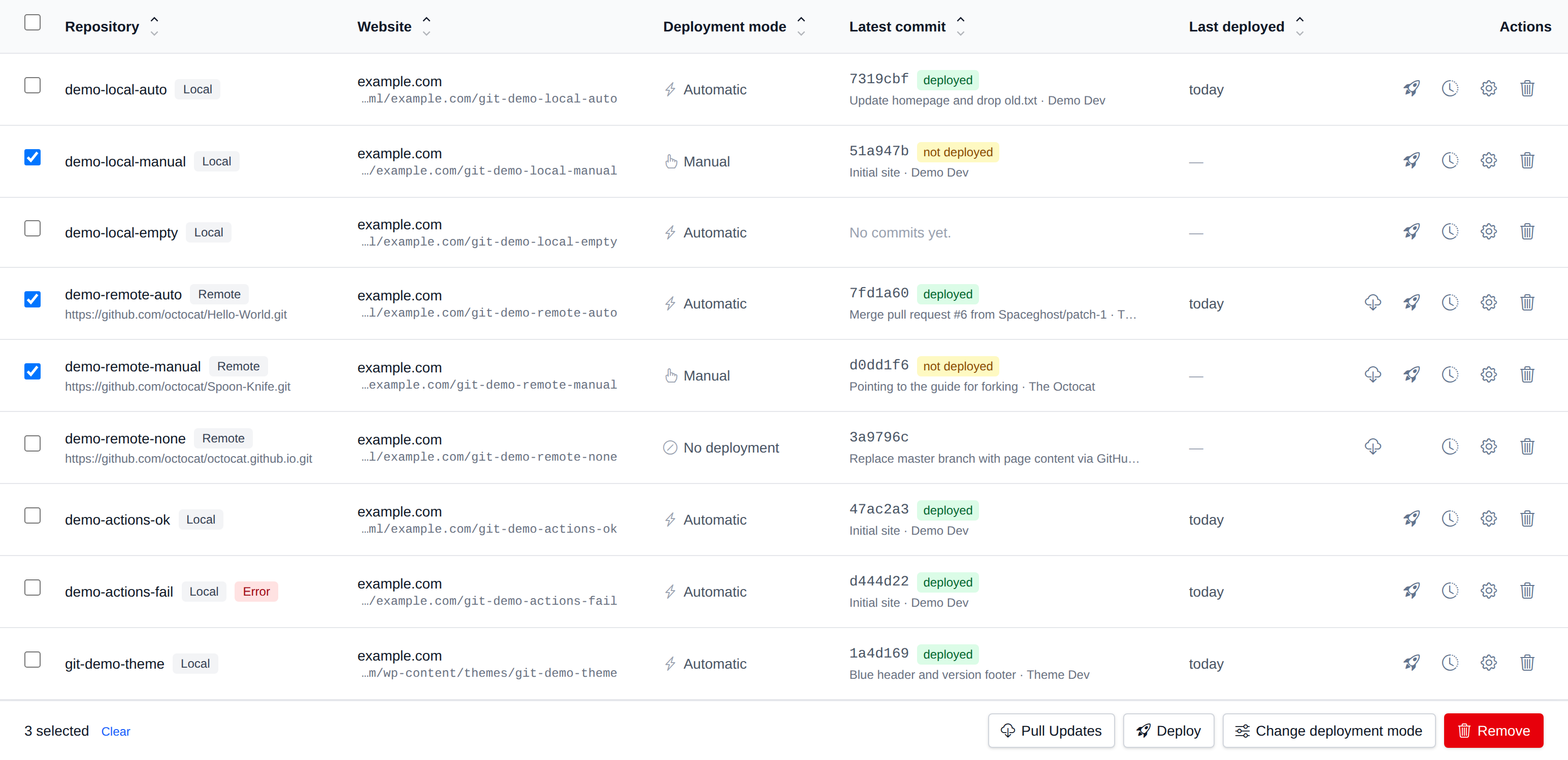 Repositories selected with the bulk actions bar showing Pull Updates, Deploy, Change deployment mode and Remove