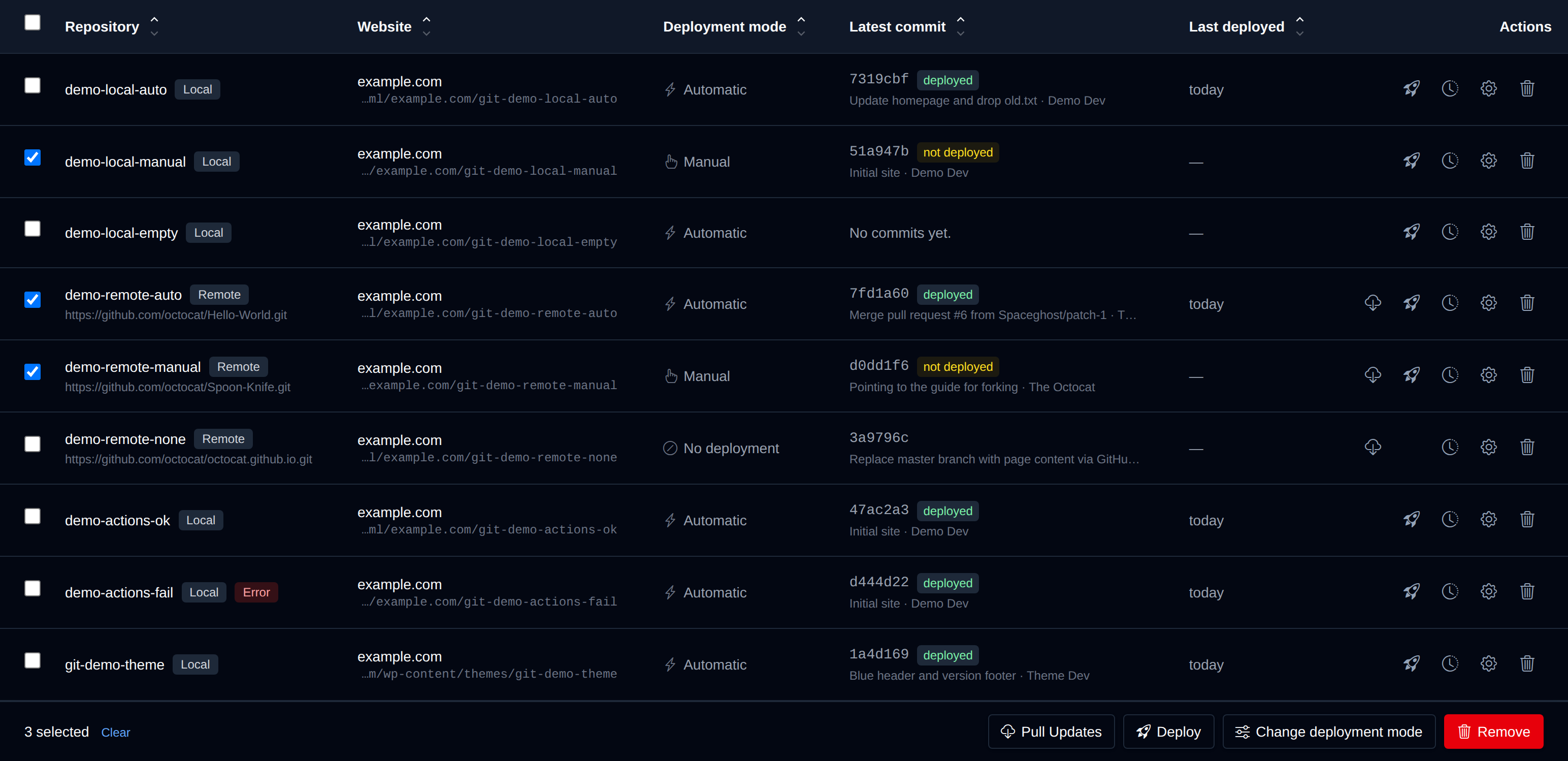 Repositories selected with the bulk actions bar showing Pull Updates, Deploy, Change deployment mode and Remove