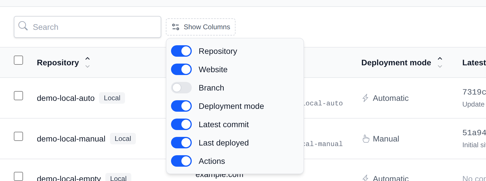 Show Columns menu with switches for each column of the repositories table