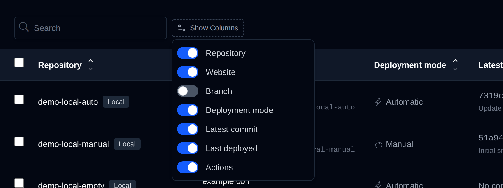 Show Columns menu with switches for each column of the repositories table