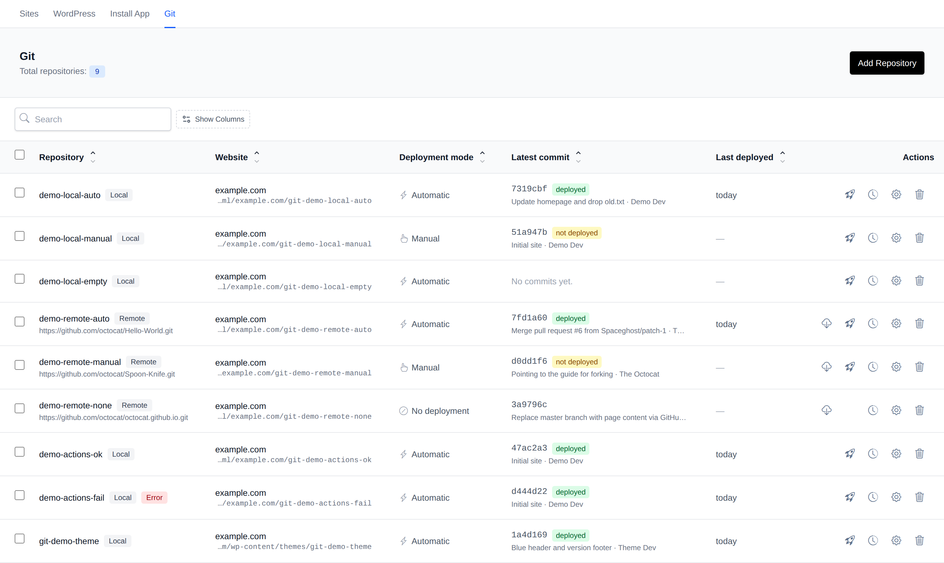 Git page with the repositories table showing each repository, its website, deployment mode, latest commit and last deploy