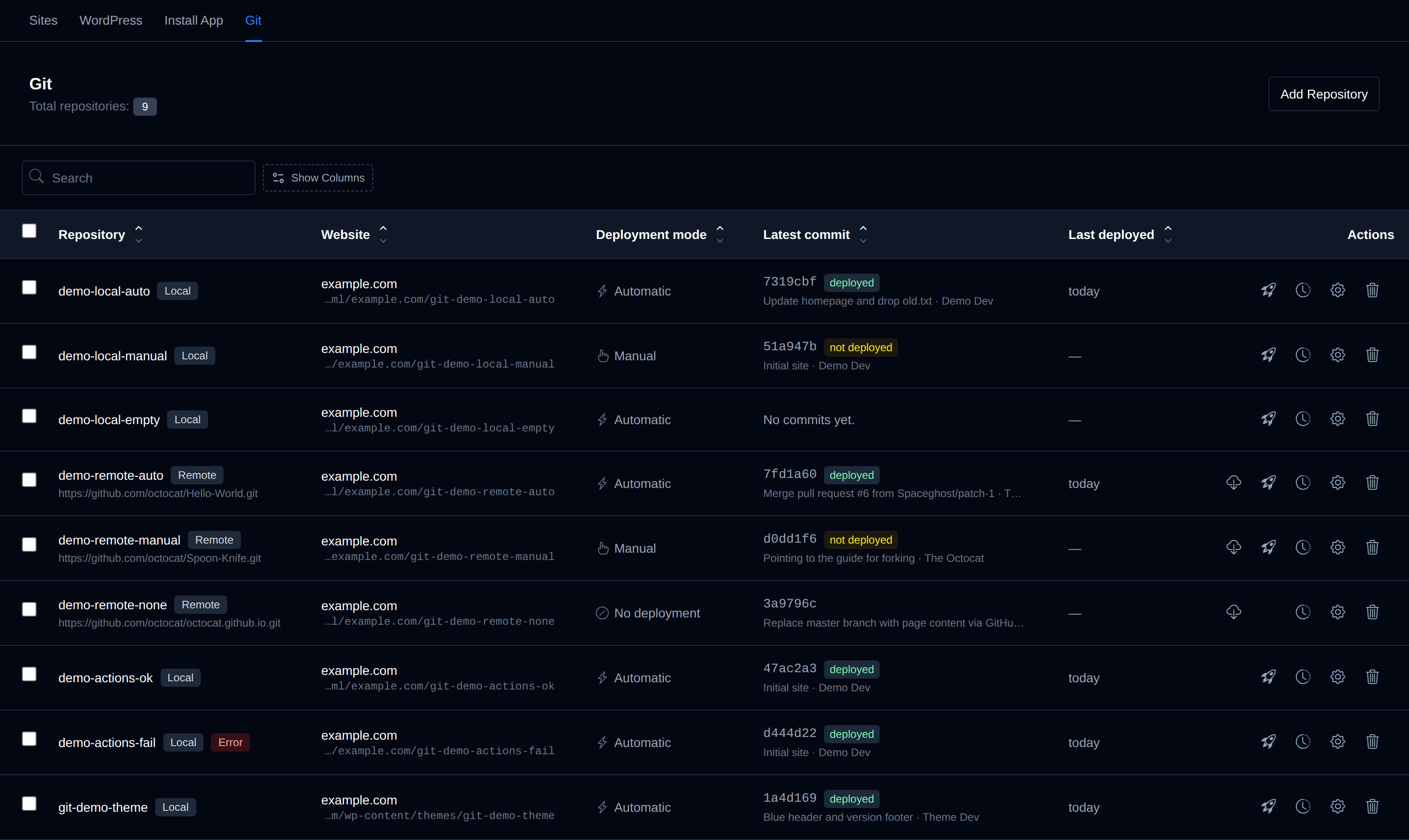Git page with the repositories table showing each repository, its website, deployment mode, latest commit and last deploy
