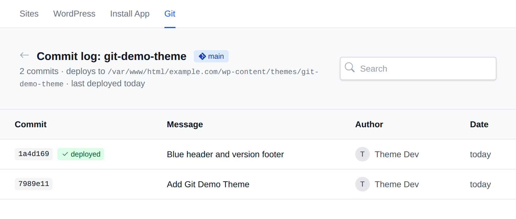 Commit log of a repository with each commit, its message, author and date, and the deployed commit marked