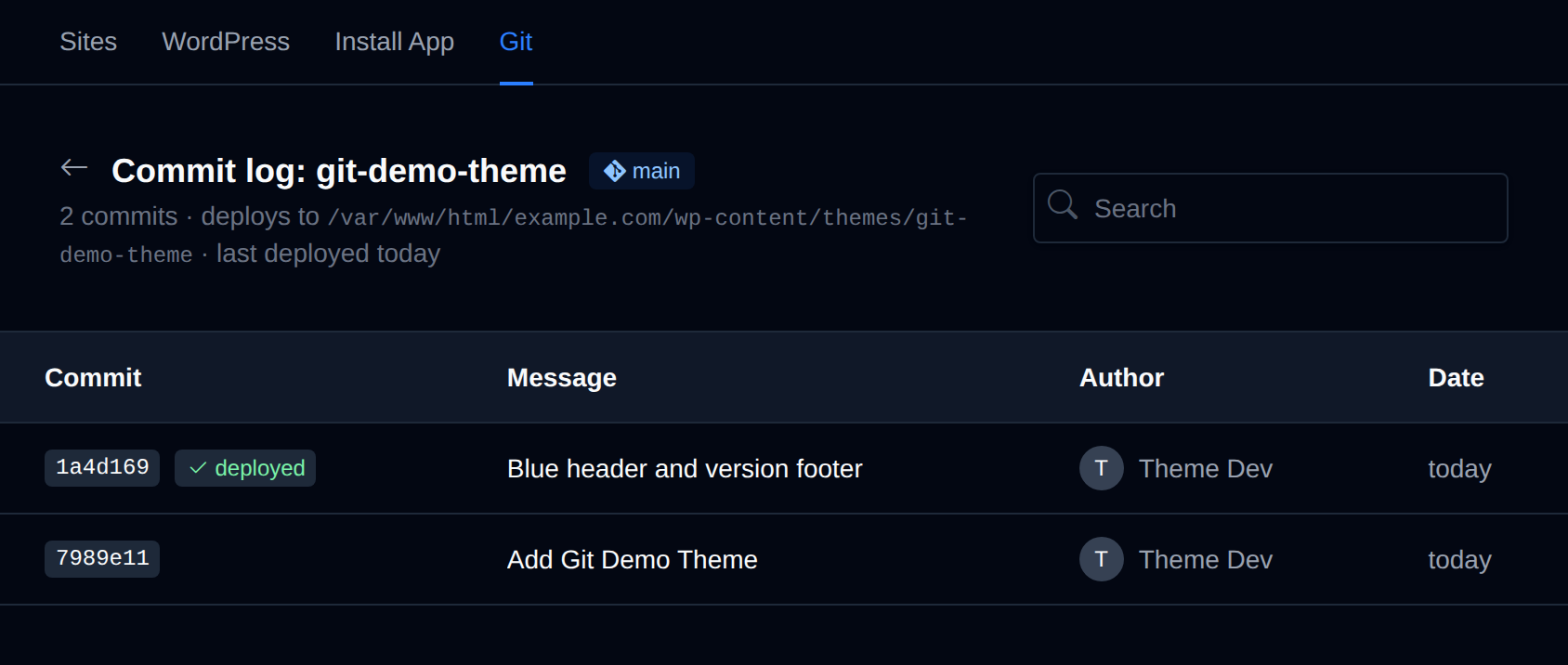 Commit log of a repository with each commit, its message, author and date, and the deployed commit marked