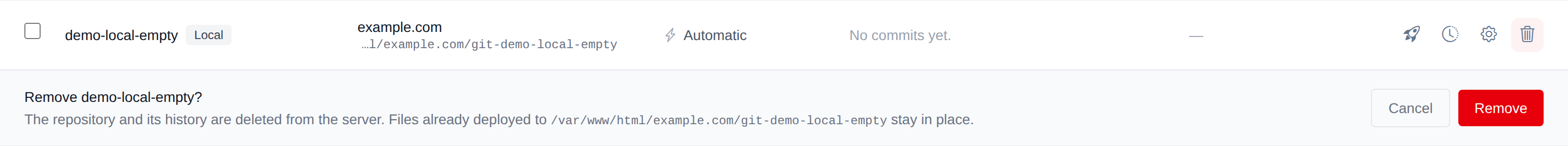 Remove confirmation under a repository row with Cancel and Remove buttons