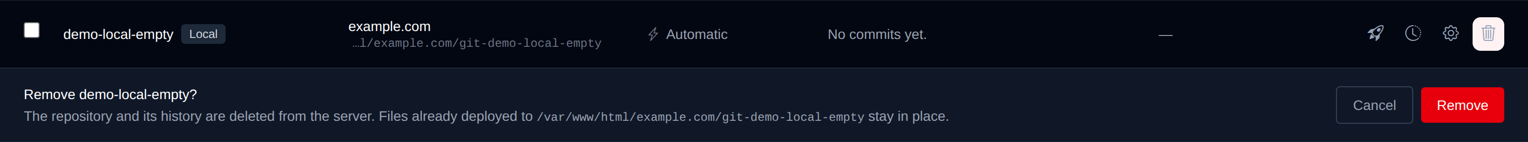 Remove confirmation under a repository row with Cancel and Remove buttons